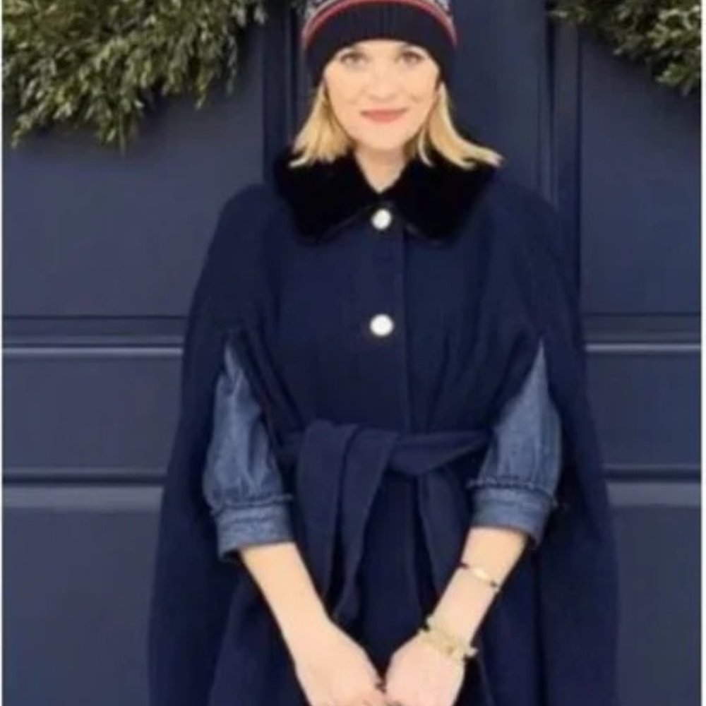 Draper James Navy Blue Faux Fur Collar Cape XS/S NWT
